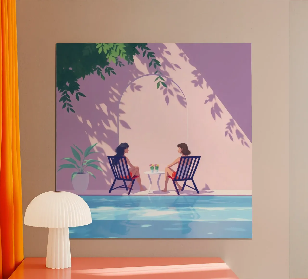 Rilassarsi a bordo piscina in tranquillità durante una giornata di sole poster con telaio in alluminio da DesignDoodle