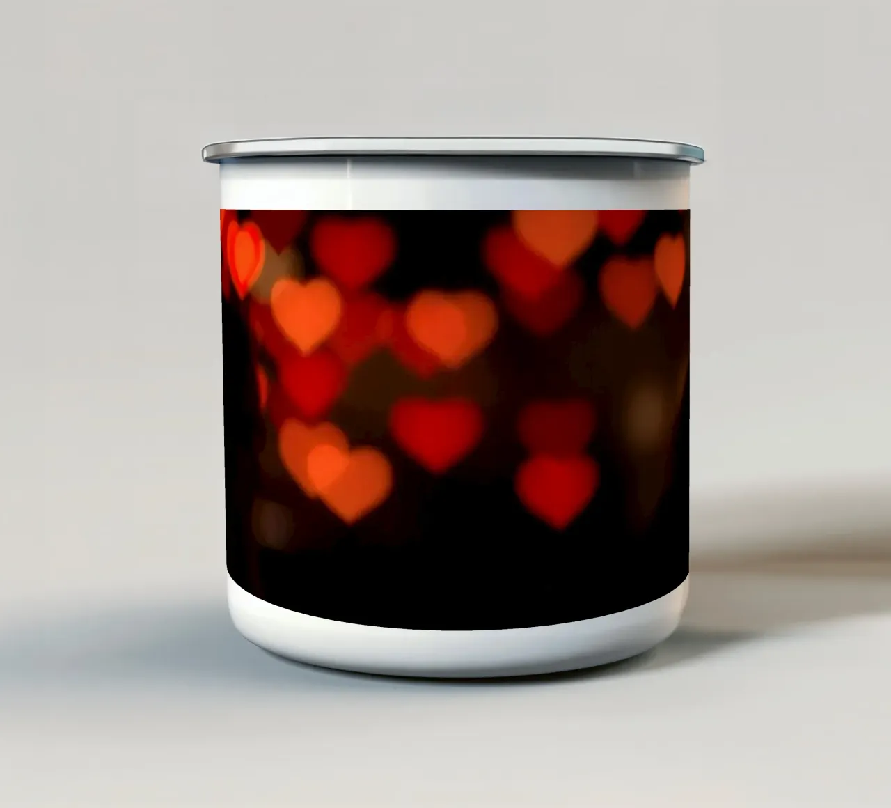 Romantic evening with heart-shaped lights in the background enamel mug by DesignDoodle