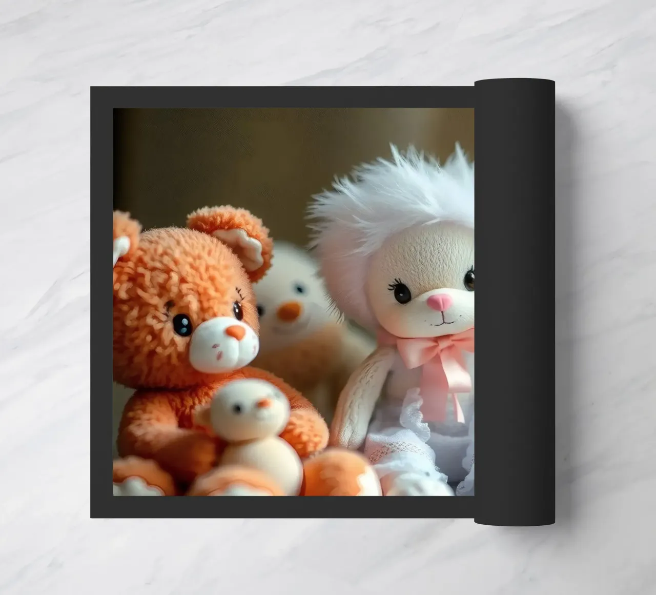 Peluche morbidi e colorati raccolti in un'accogliente stanza interna zerbino da DesignDoodle