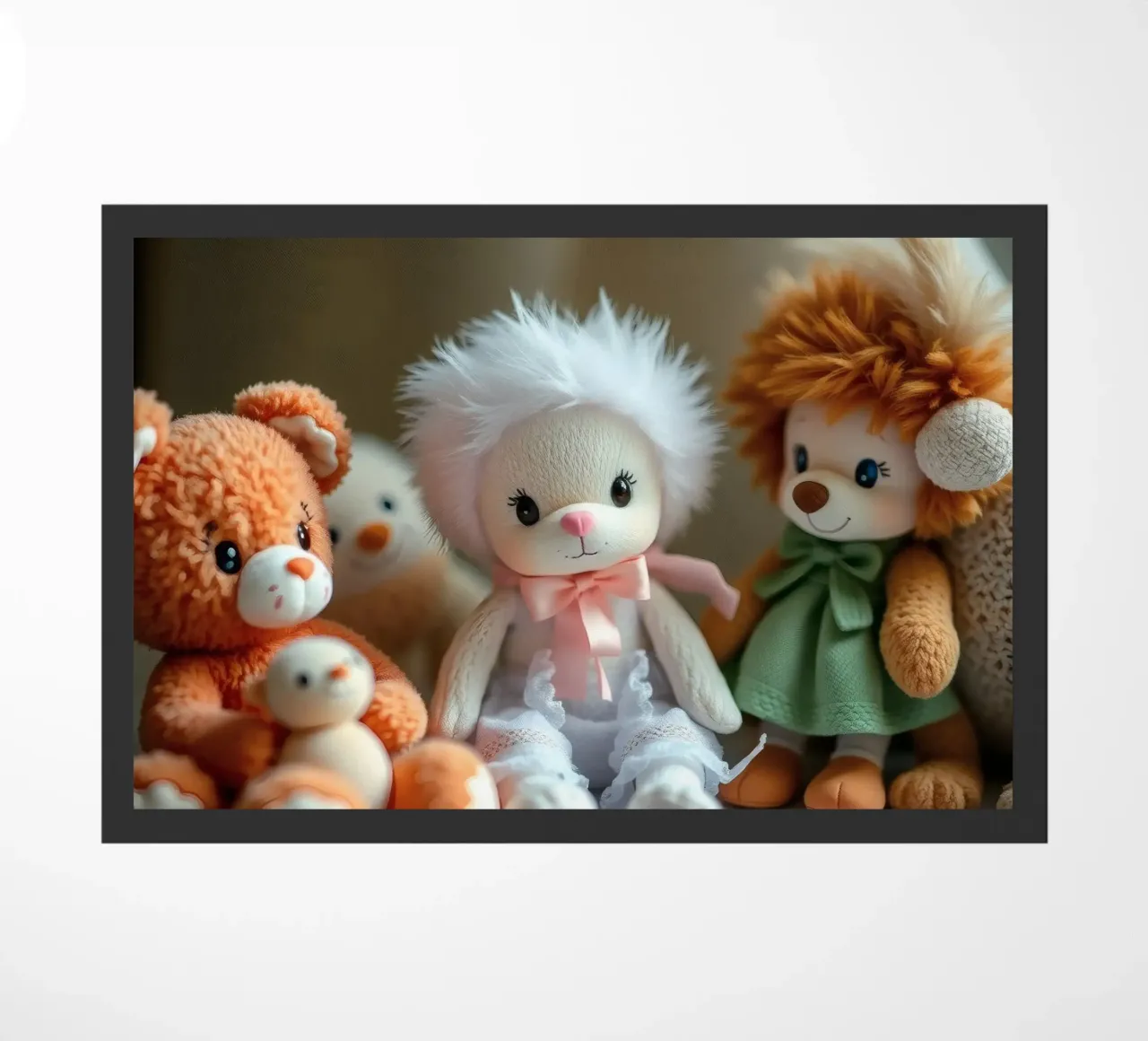 Peluche morbidi e colorati raccolti in un'accogliente stanza interna zerbino da DesignDoodle