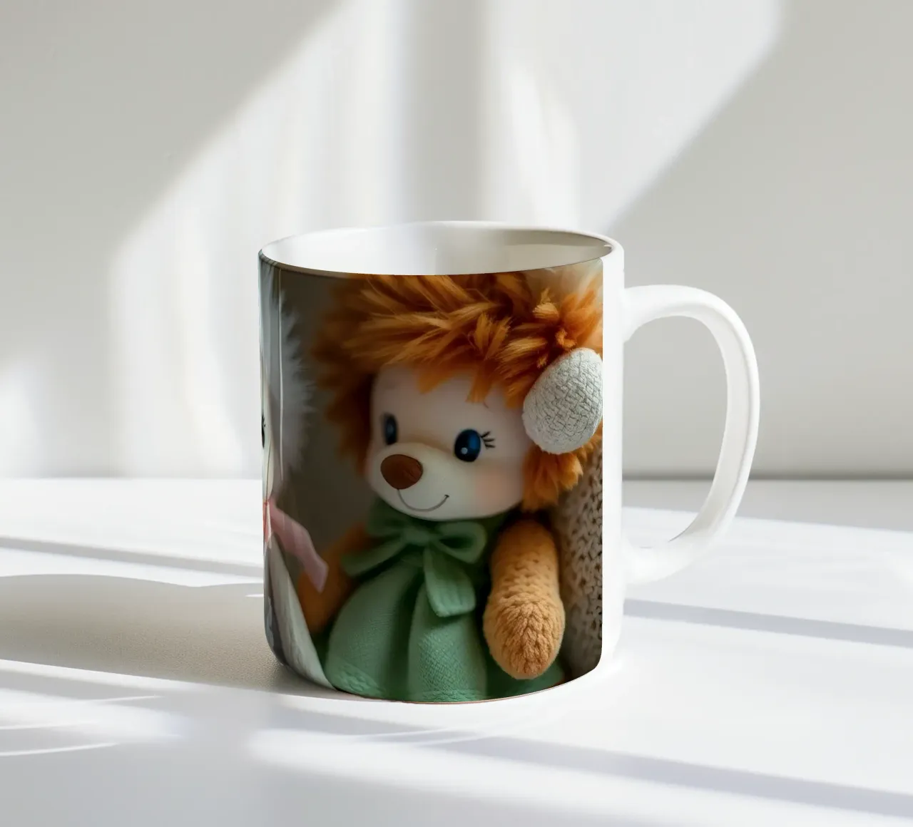 Peluche morbidi e colorati raccolti in un'accogliente stanza interna tazza in ceramica da DesignDoodle
