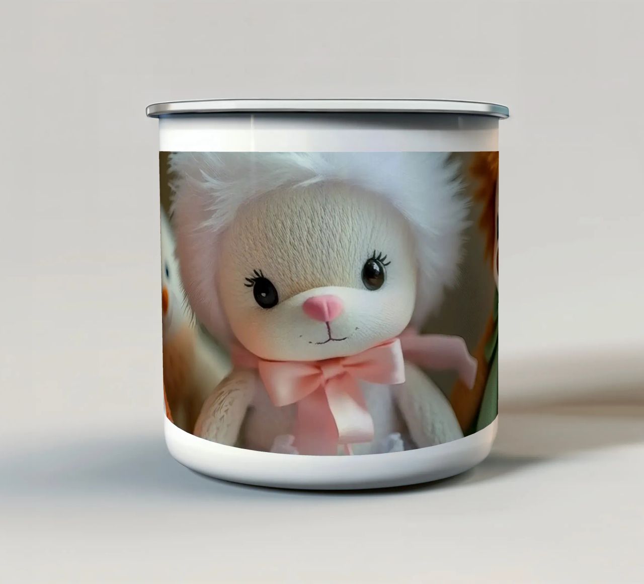 Peluche morbidi e colorati raccolti in un'accogliente stanza interna tazza in smalto da DesignDoodle