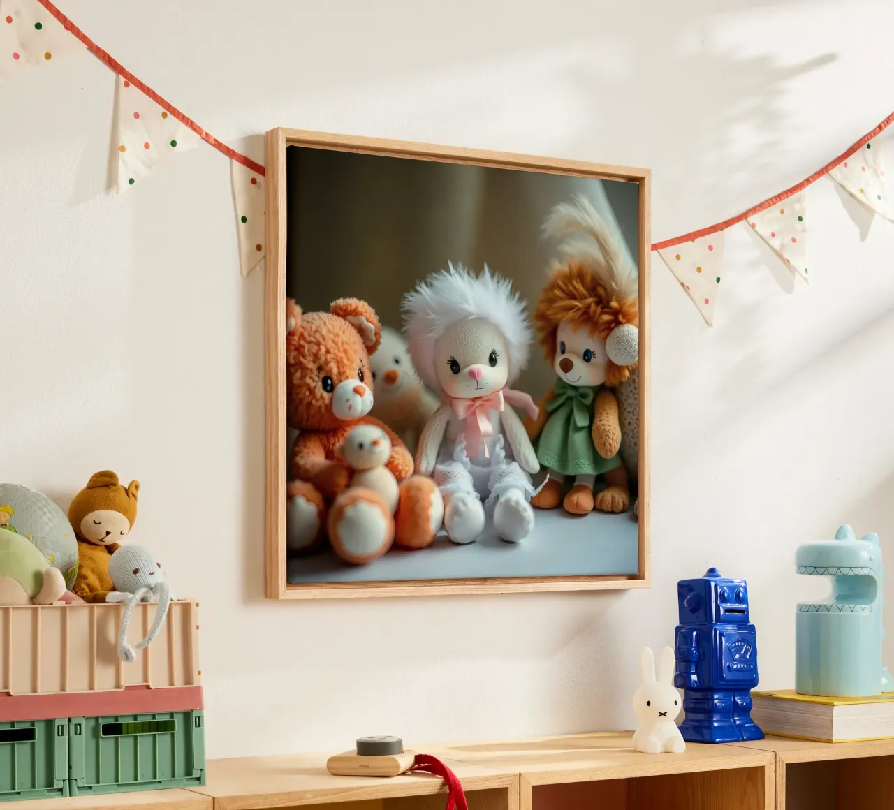 Peluche morbidi e colorati raccolti in un'accogliente stanza interna tela con Cornice a cassetta da DesignDoodle