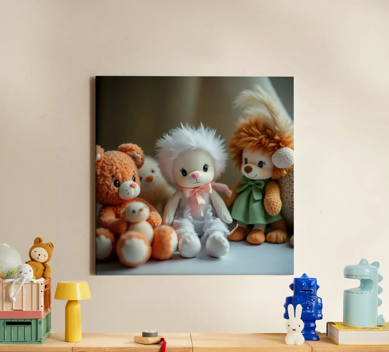 Peluche morbidi e colorati raccolti in un'accogliente stanza interna tela con Cornice a cassetta da DesignDoodle