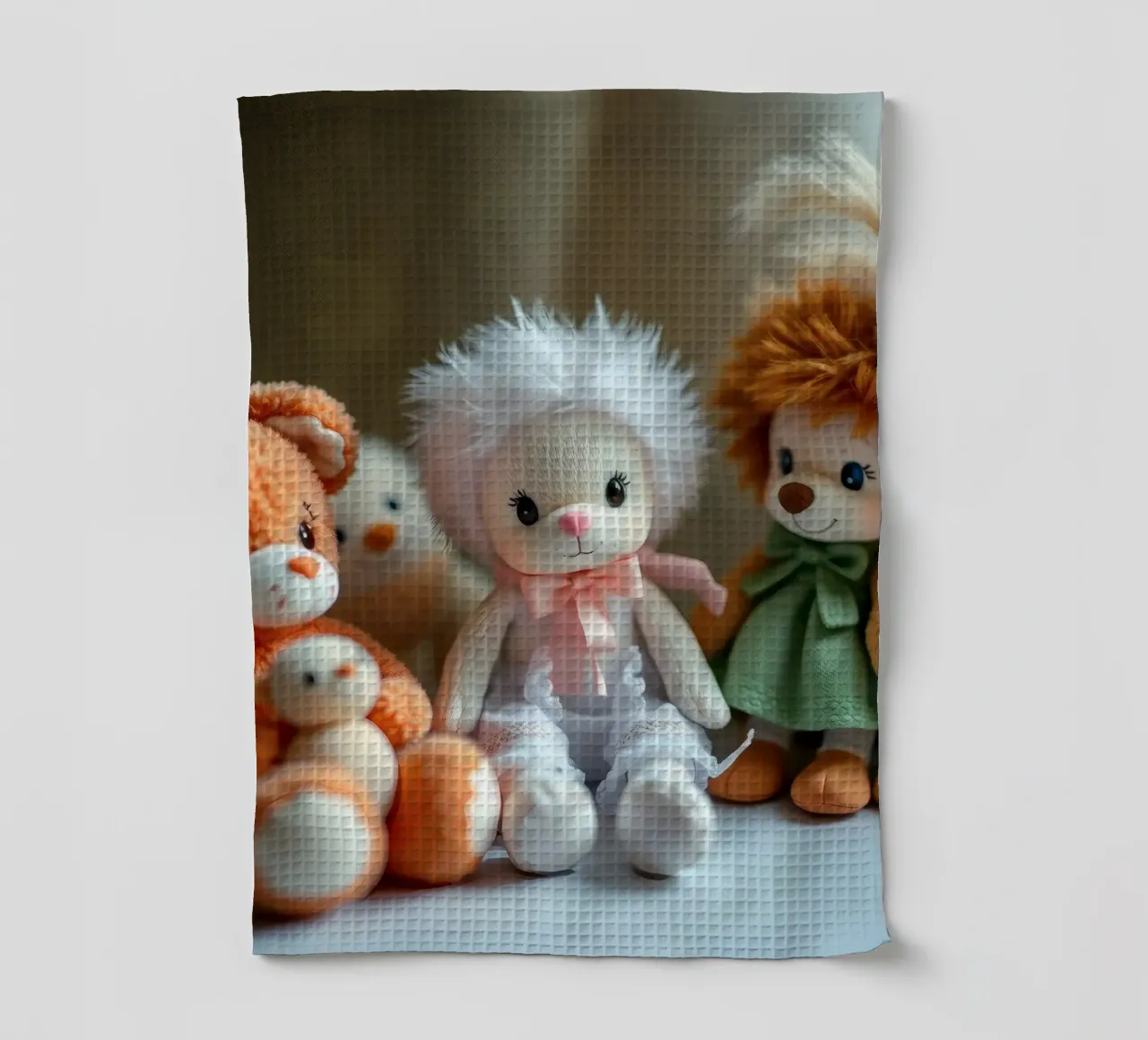 Peluche morbidi e colorati raccolti in un'accogliente stanza interna canovaccio da cucina da DesignDoodle