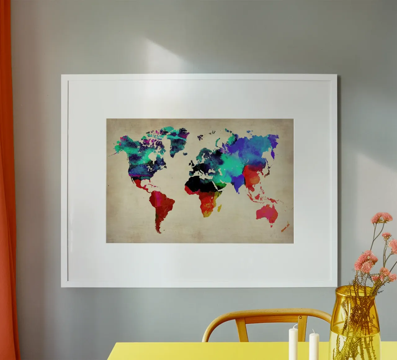 World Watercolor Map poster con telaio in alluminio da Naxart
