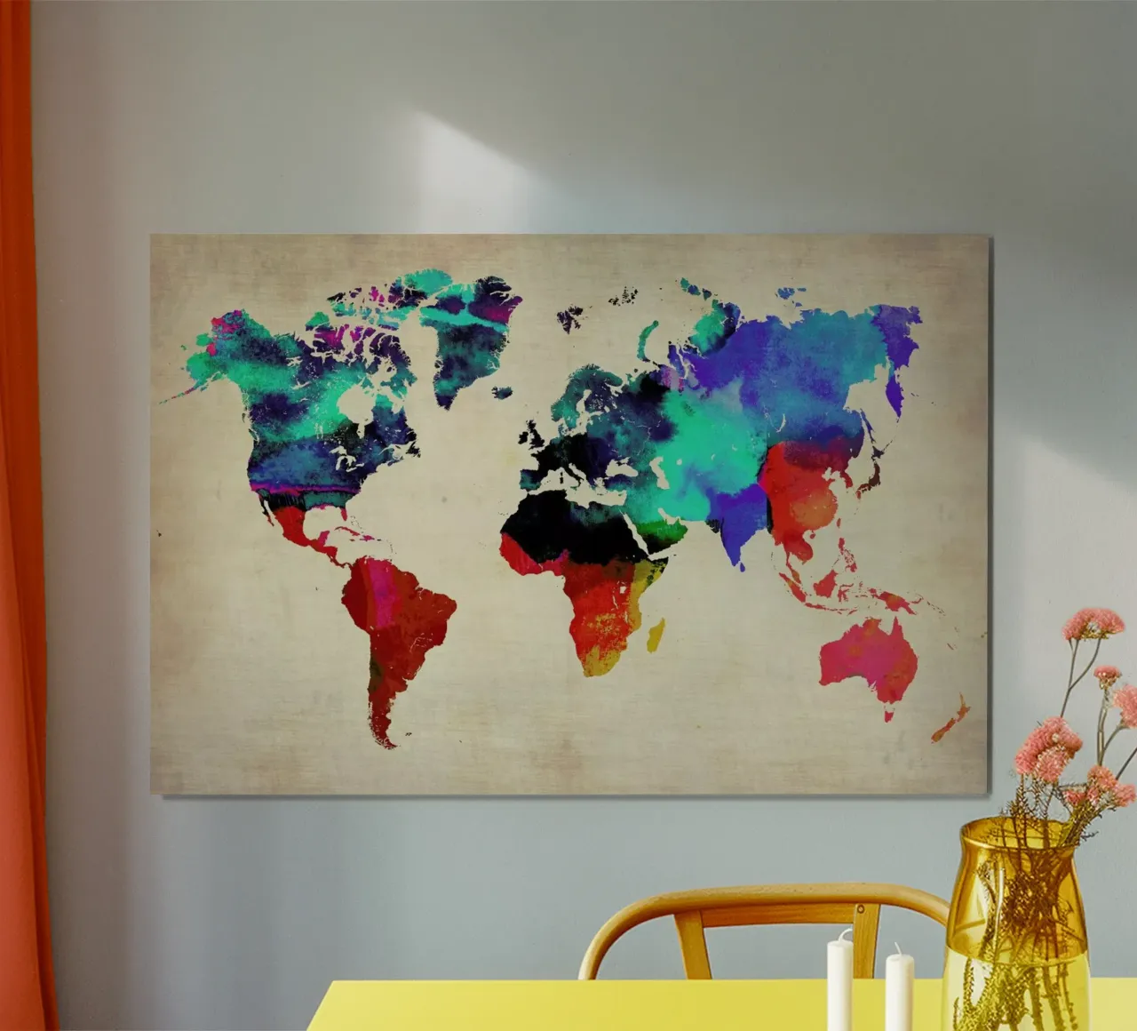 World Watercolor Map poster con telaio in alluminio da Naxart