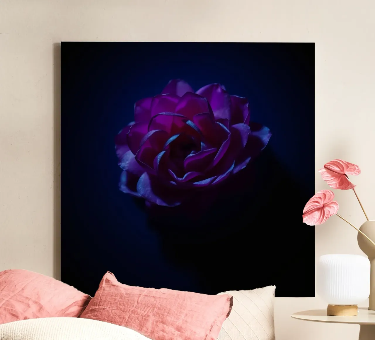 purple rose illuminated softly against dark background canvas with Floater frame by DesignDoodle