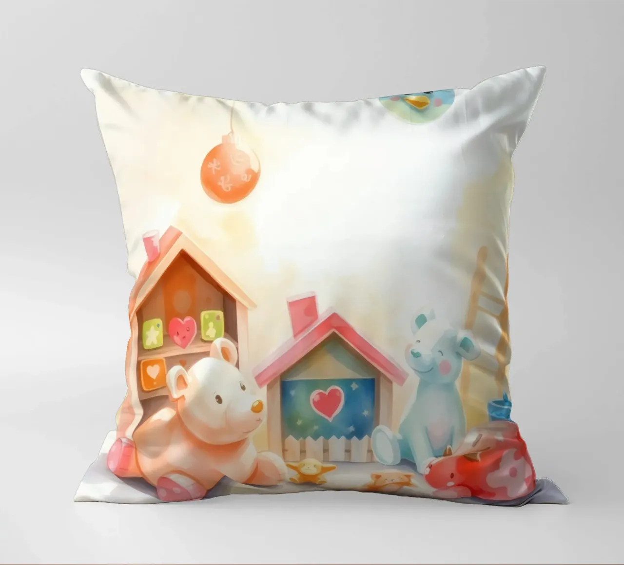 Case giocattolo colorate con simpatici animali di peluche in un gioco luminoso cuscino da DesignDoodle