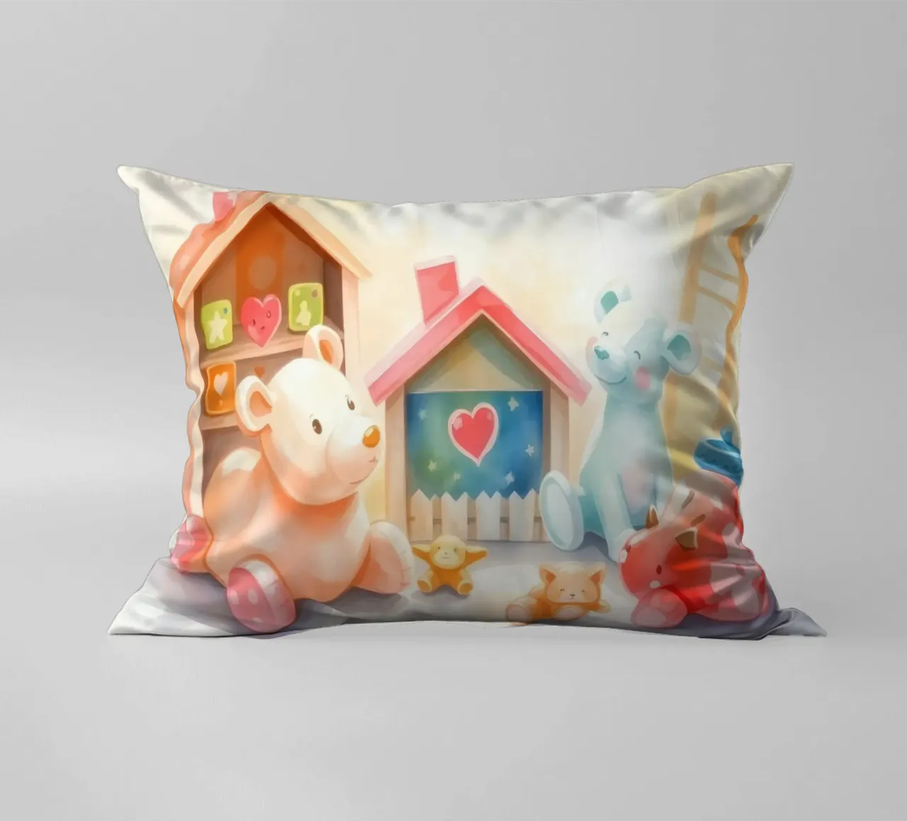 Case giocattolo colorate con simpatici animali di peluche in un gioco luminoso cuscino da DesignDoodle