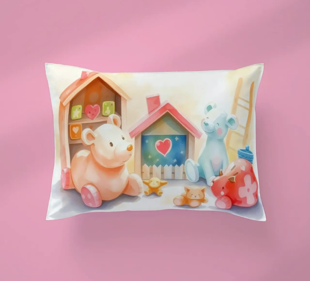 Case giocattolo colorate con simpatici animali di peluche in un gioco luminoso cuscino da DesignDoodle