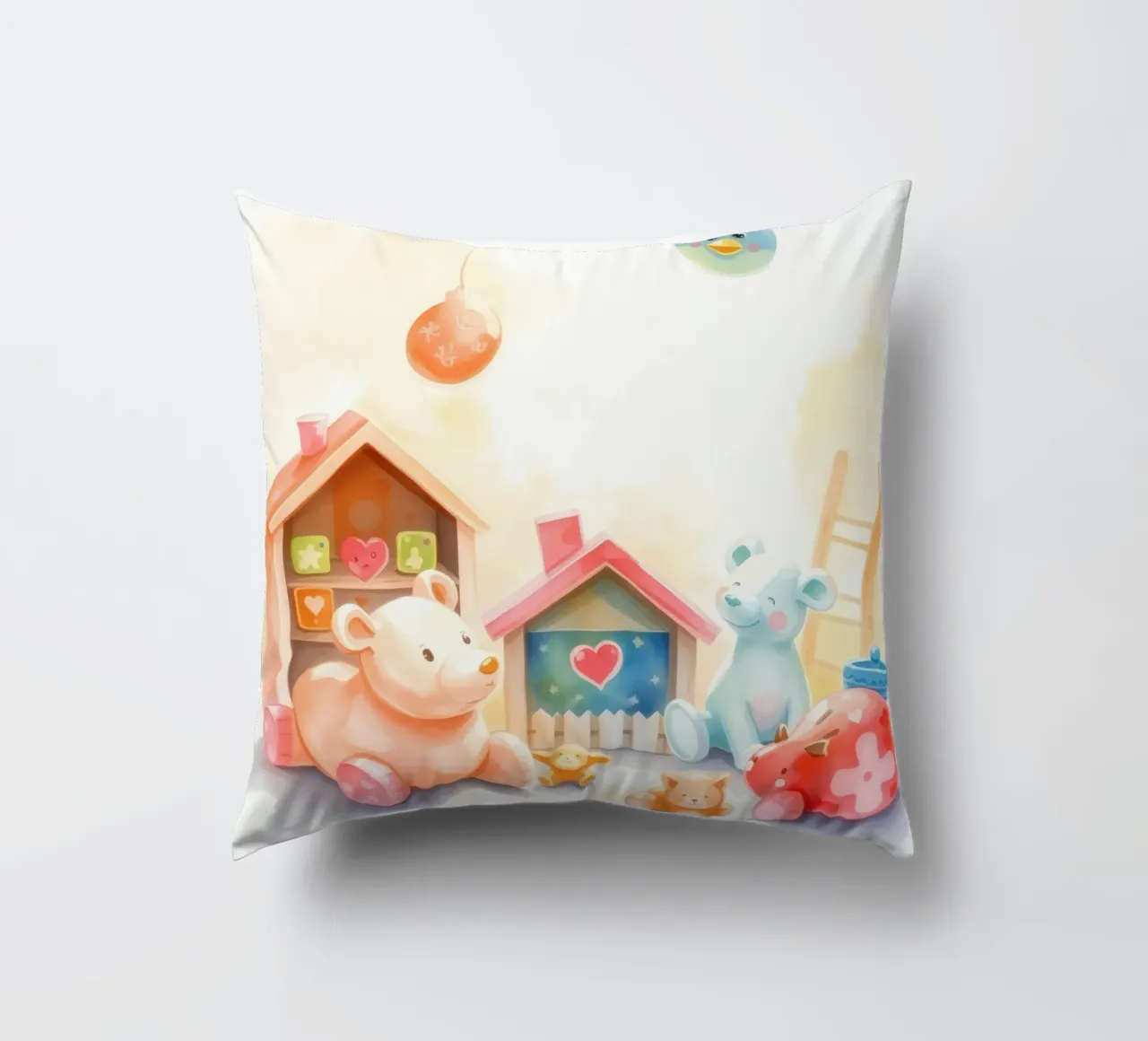 Case giocattolo colorate con simpatici animali di peluche in un gioco luminoso cuscino da DesignDoodle