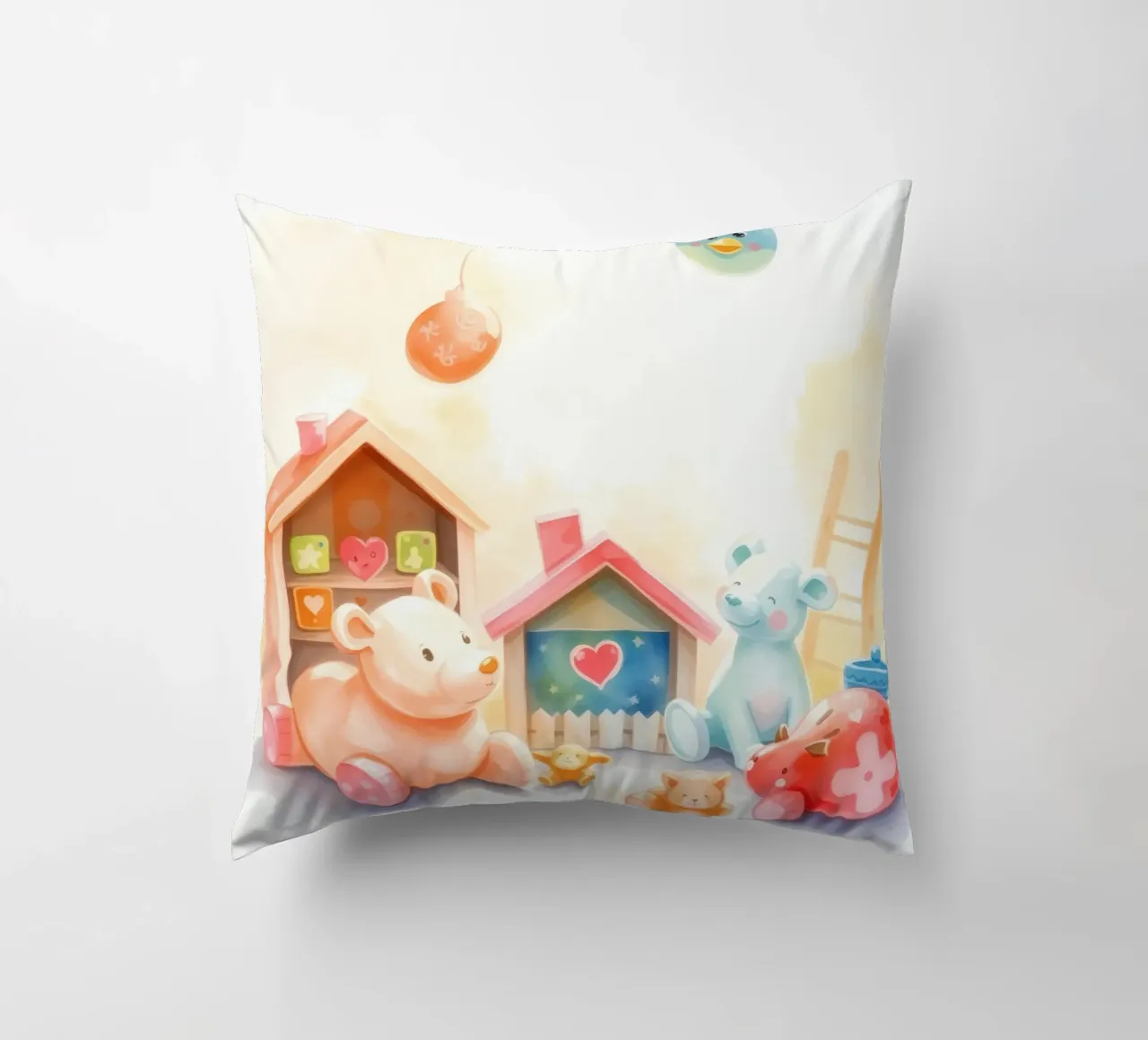 Case giocattolo colorate con simpatici animali di peluche in un gioco luminoso cuscino da DesignDoodle