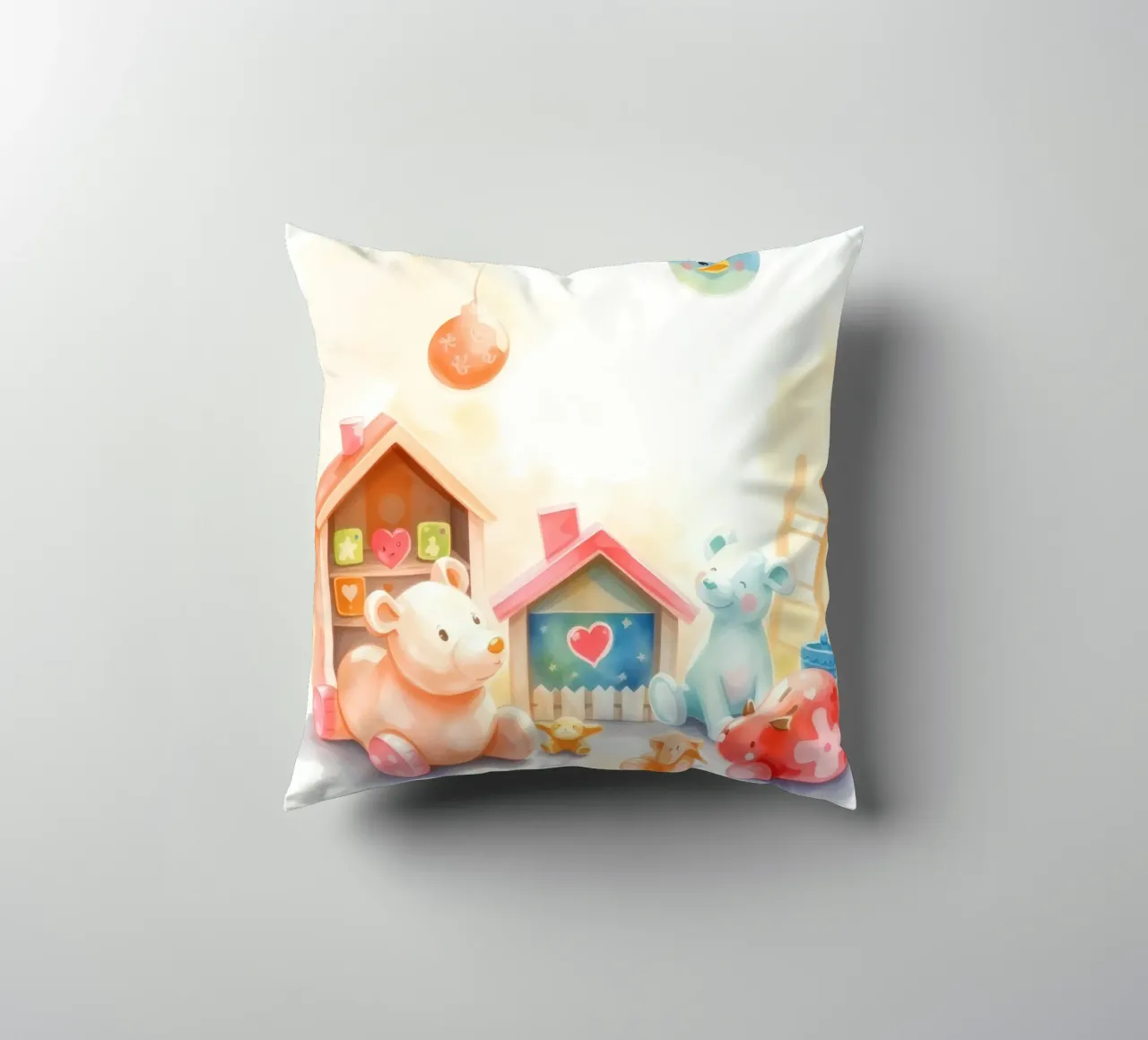 Case giocattolo colorate con simpatici animali di peluche in un gioco luminoso cuscino da DesignDoodle
