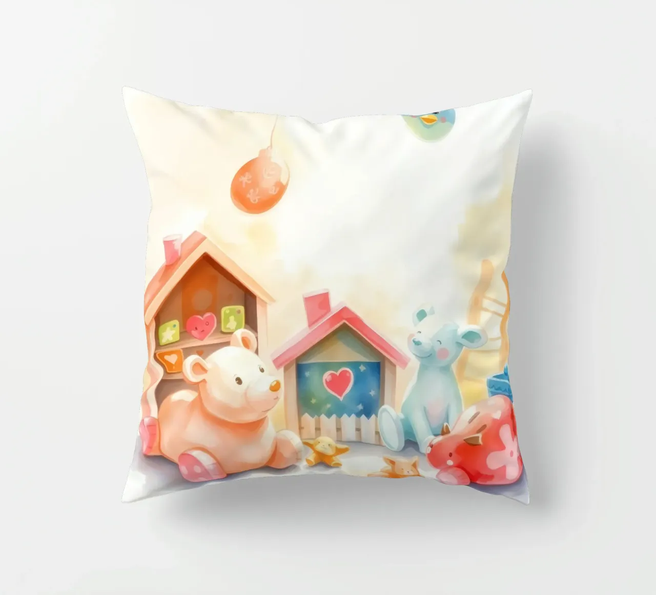 Case giocattolo colorate con simpatici animali di peluche in un gioco luminoso cuscino da DesignDoodle