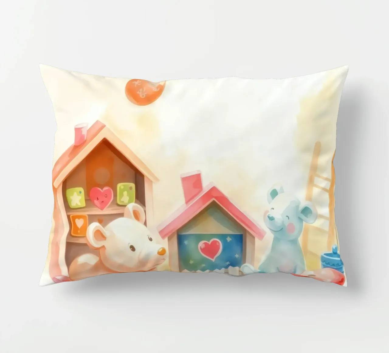 Case giocattolo colorate con simpatici animali di peluche in un gioco luminoso cuscino da DesignDoodle