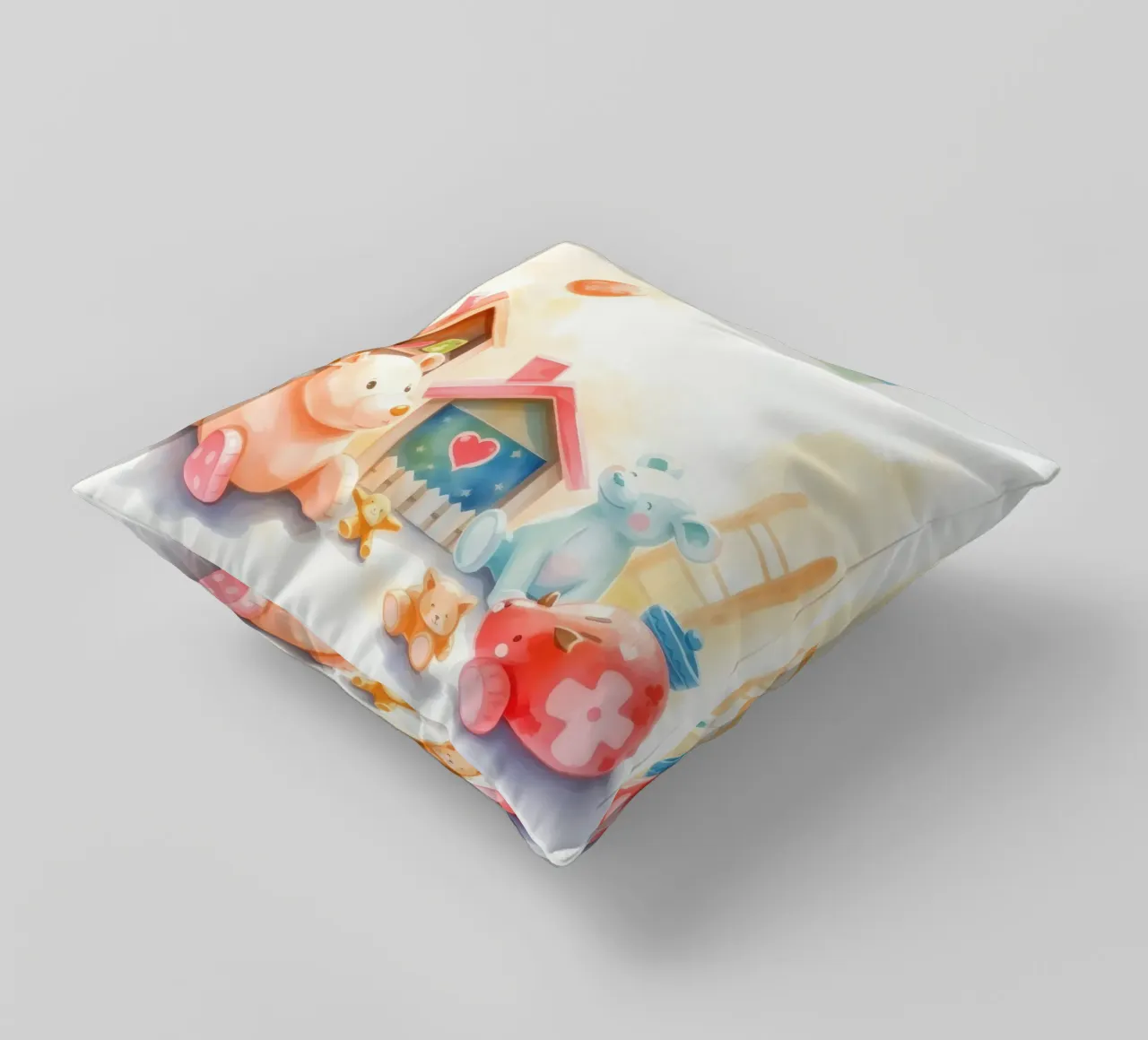 Case giocattolo colorate con simpatici animali di peluche in un gioco luminoso cuscino da DesignDoodle