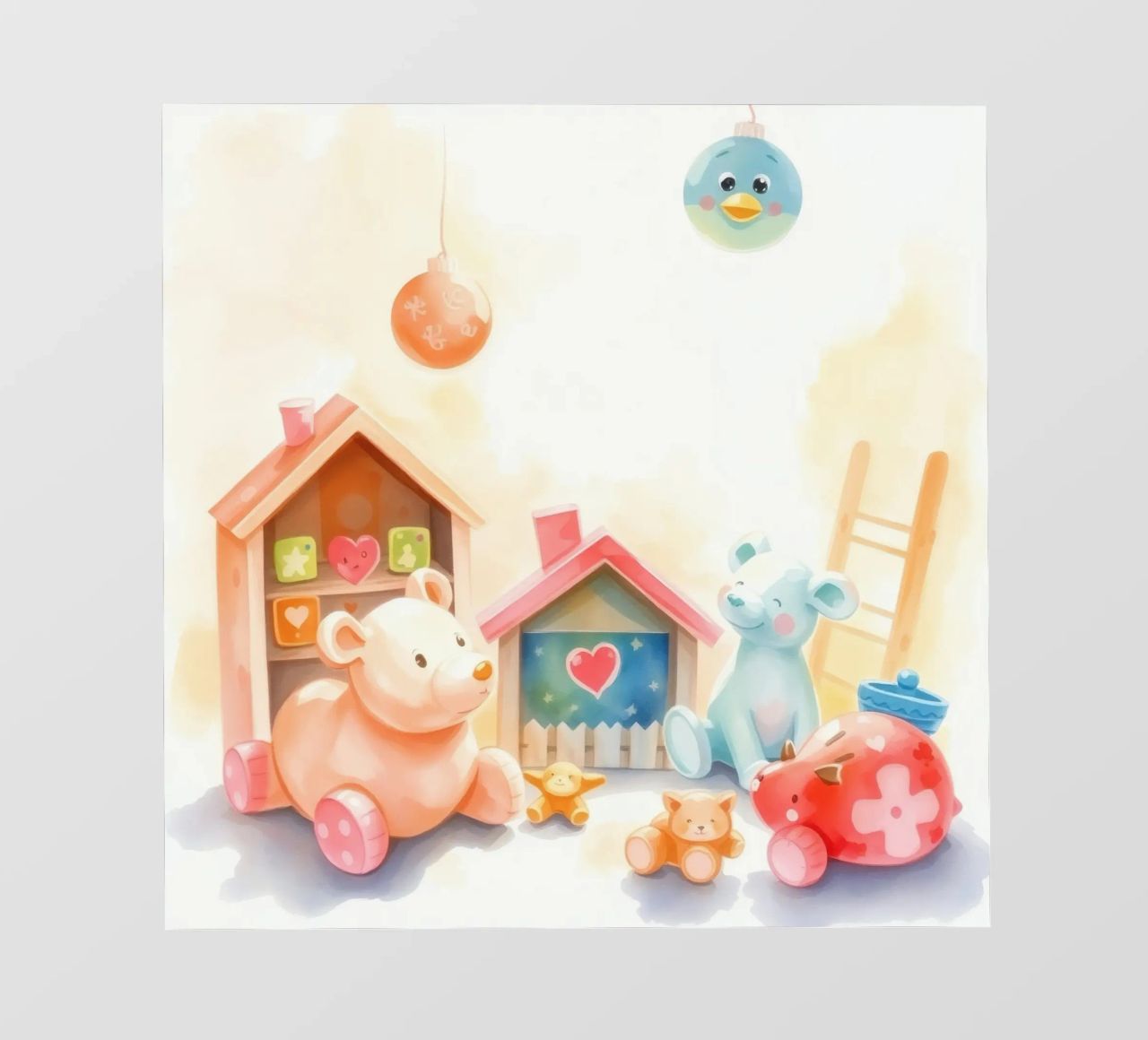 Des maisons colorées avec d'adorables animaux en peluche dans un jeu lumineux. bâche pvc de DesignDoodle