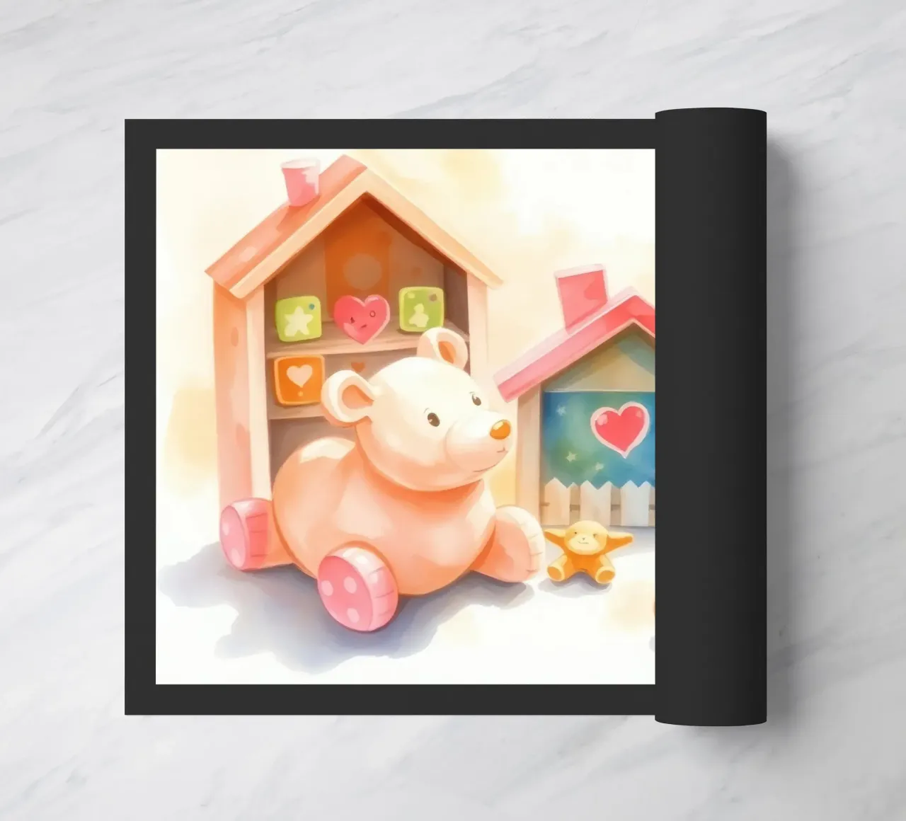Case giocattolo colorate con simpatici animali di peluche in un gioco luminoso zerbino da DesignDoodle