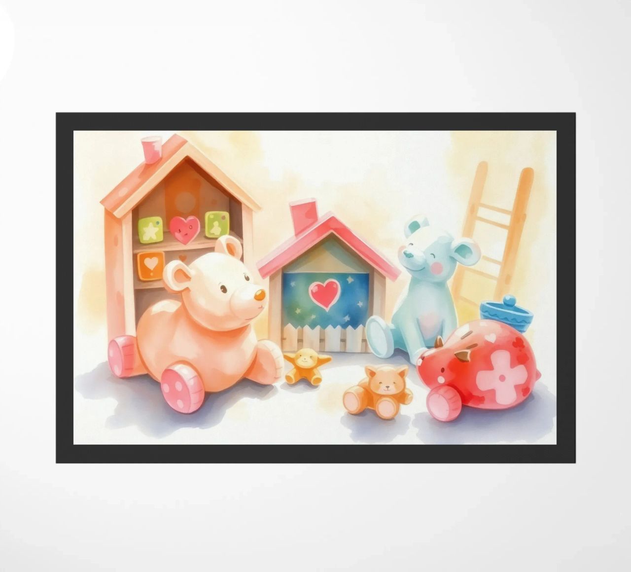 Des maisons colorées avec d'adorables animaux en peluche dans un jeu lumineux. paillasson de DesignDoodle