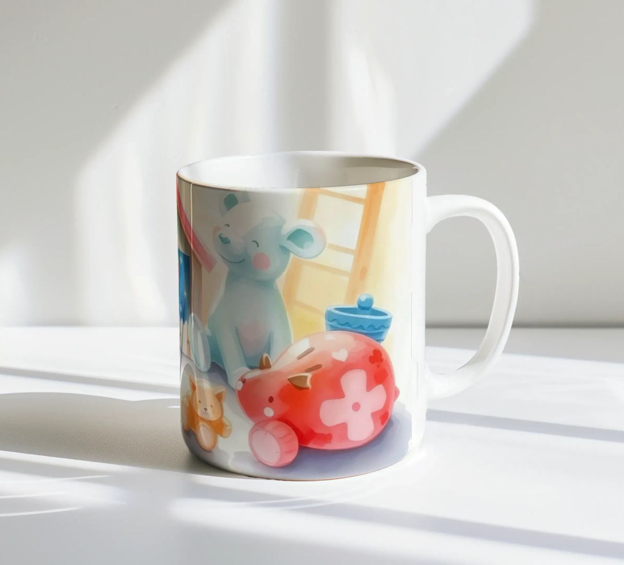 Des maisons colorées avec d'adorables animaux en peluche dans un jeu lumineux. mug en céramique de DesignDoodle