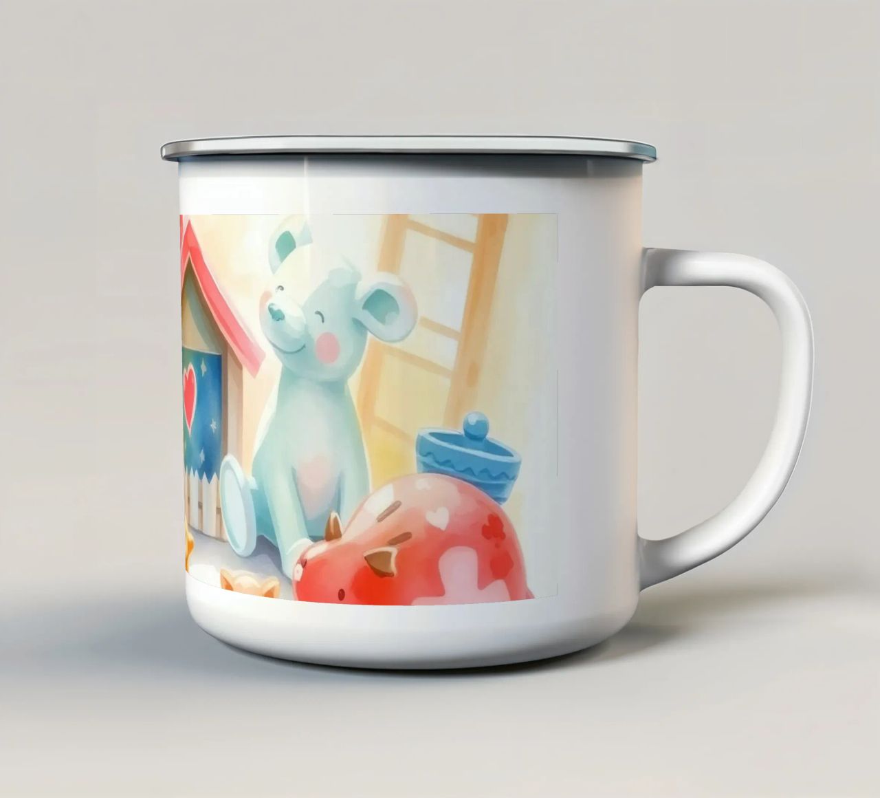 Des maisons colorées avec d'adorables animaux en peluche dans un jeu lumineux. mug en émail de DesignDoodle