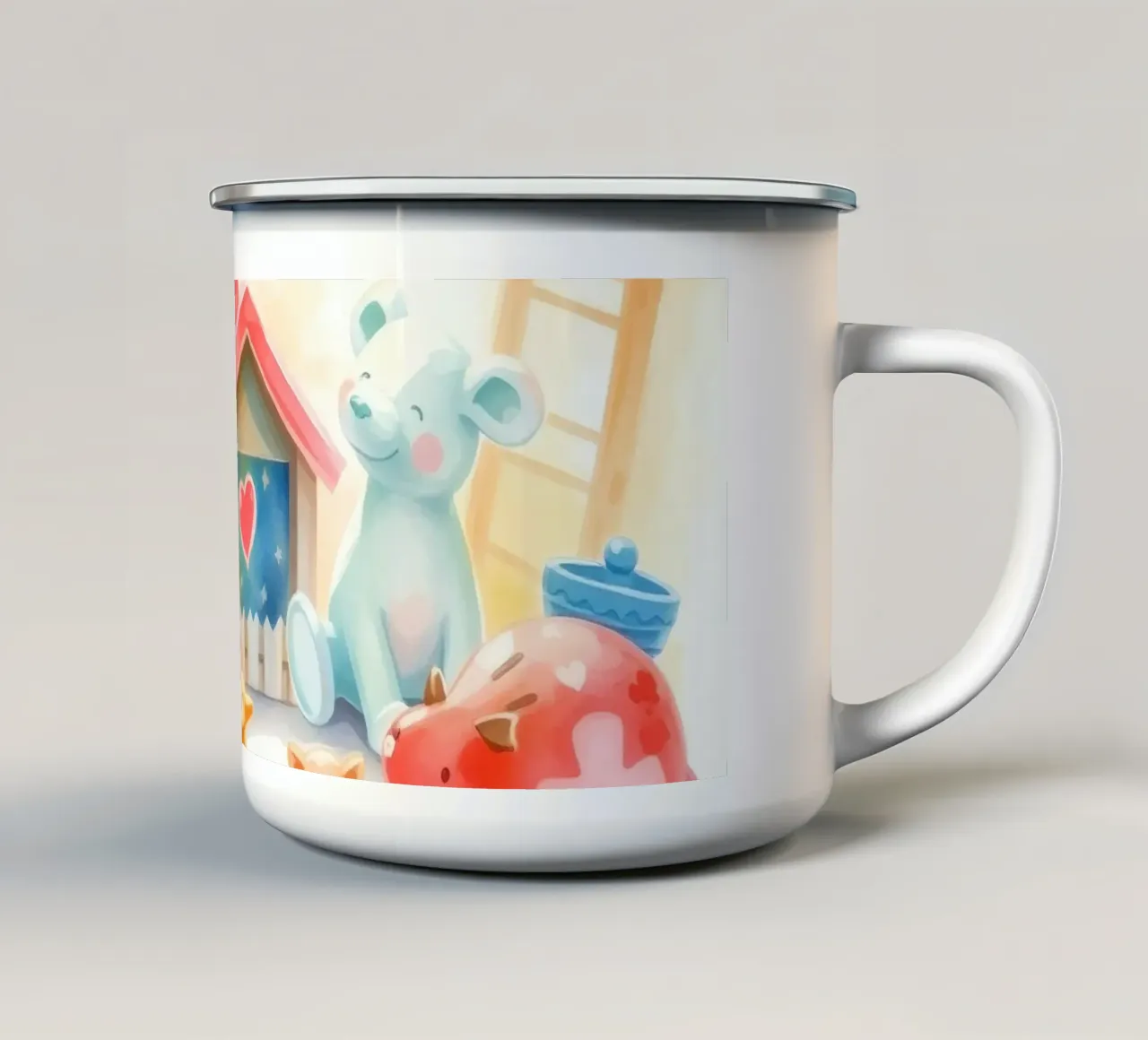 Case giocattolo colorate con simpatici animali di peluche in un gioco luminoso tazza in smalto da DesignDoodle