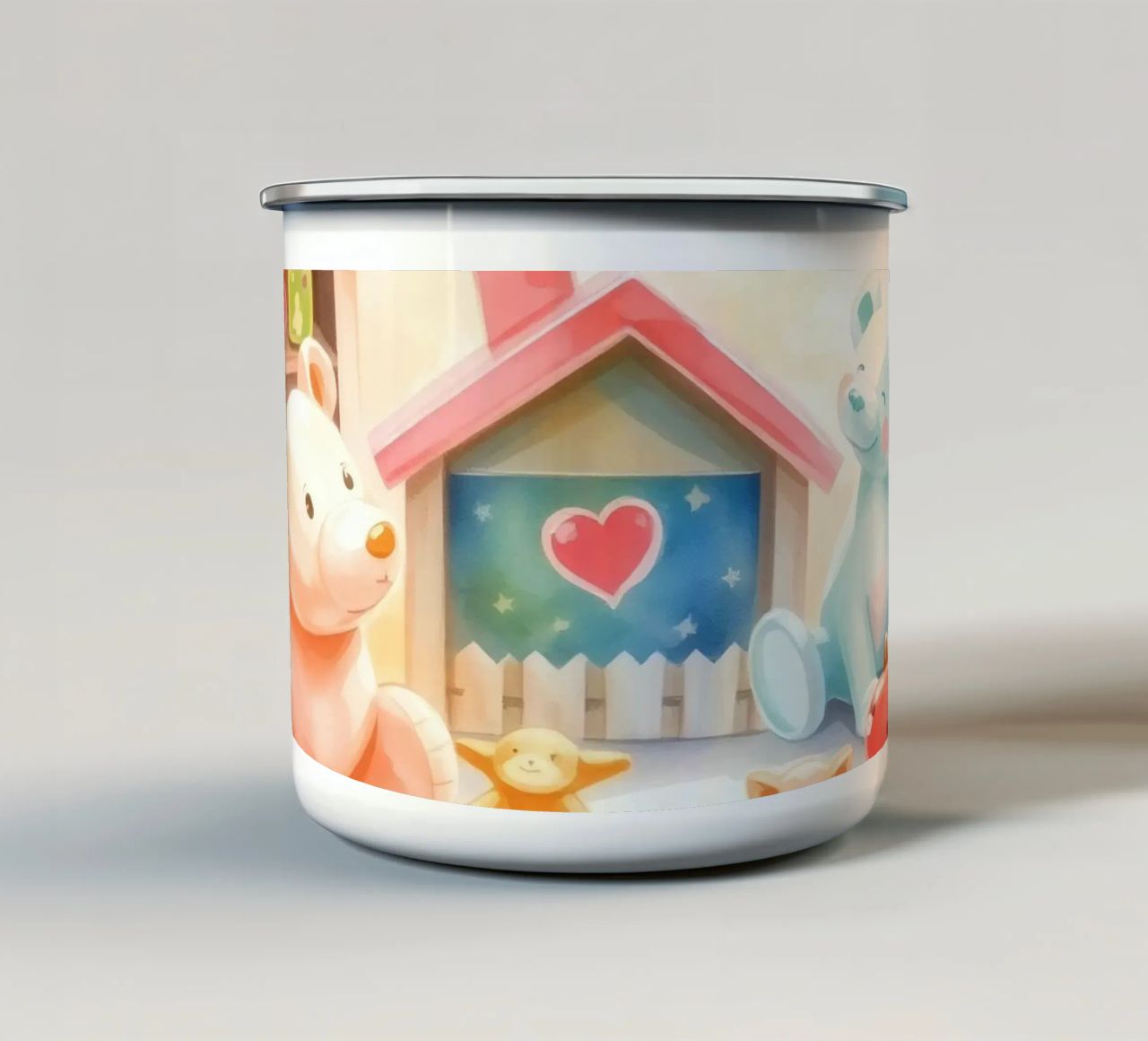 Des maisons colorées avec d'adorables animaux en peluche dans un jeu lumineux. mug en émail de DesignDoodle