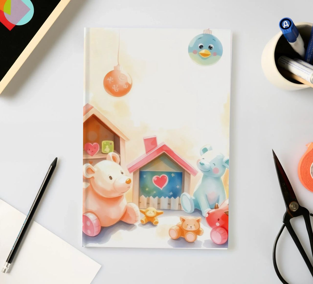 Des maisons colorées avec d'adorables animaux en peluche dans un jeu lumineux. carnet de notes de DesignDoodle