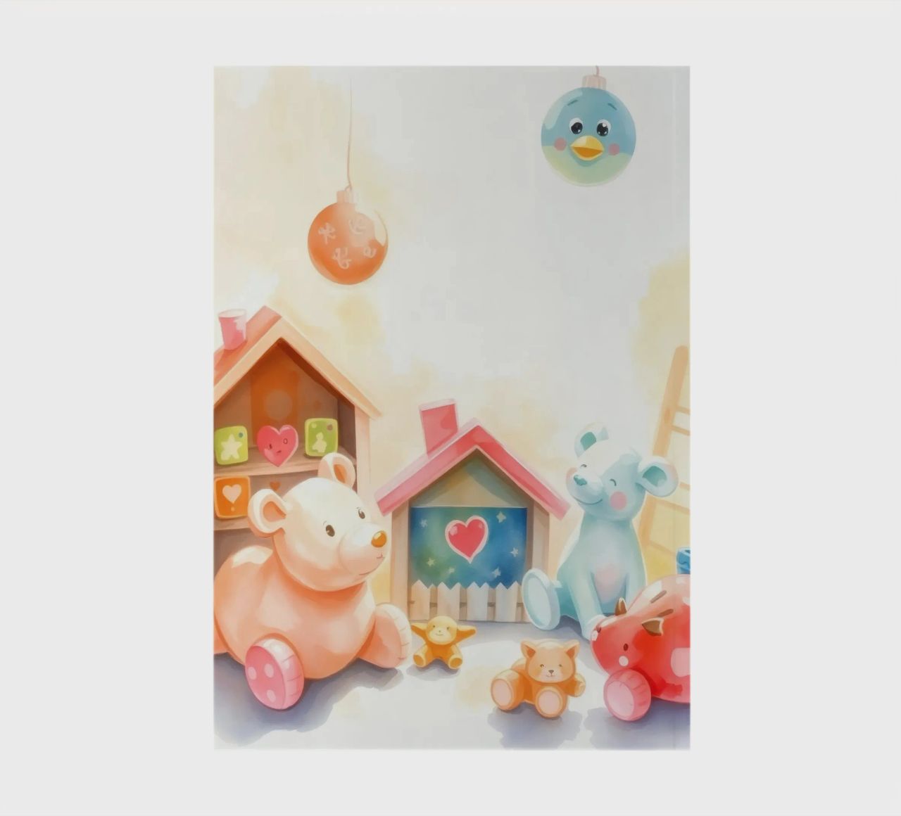 Des maisons colorées avec d'adorables animaux en peluche dans un jeu lumineux. carnet de notes de DesignDoodle