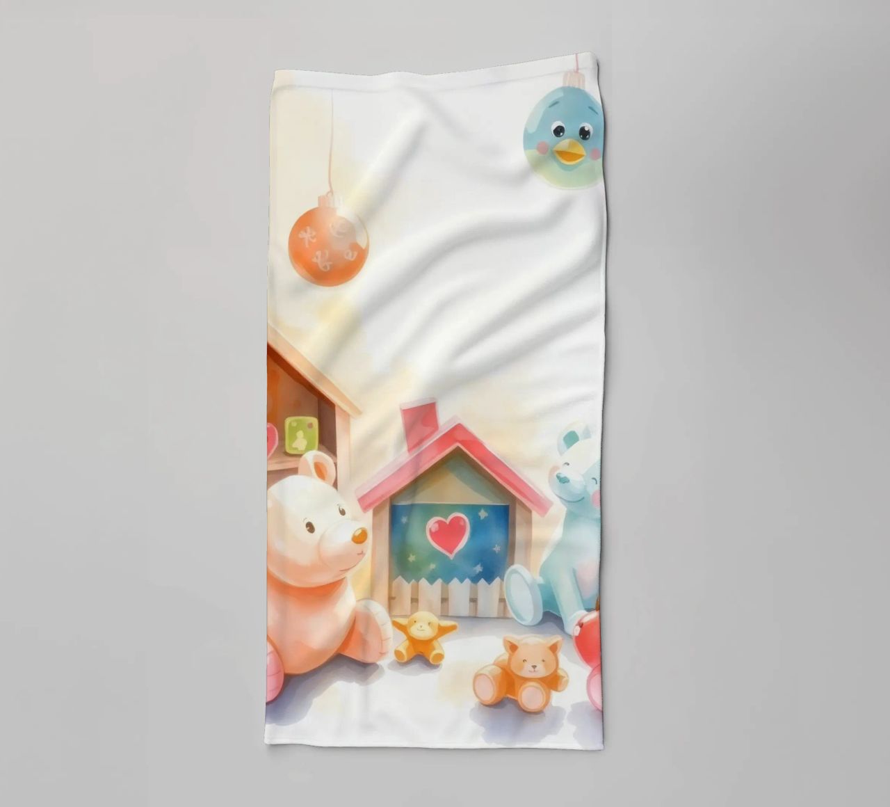 Des maisons colorées avec d'adorables animaux en peluche dans un jeu lumineux. serviette de bain de DesignDoodle