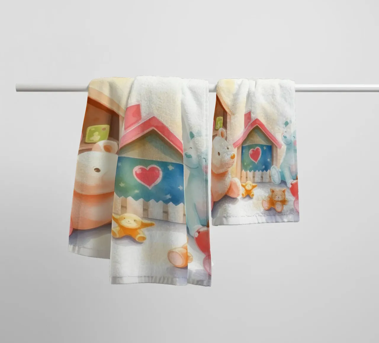 Case giocattolo colorate con simpatici animali di peluche in un gioco luminoso asciugamano da bagno da DesignDoodle