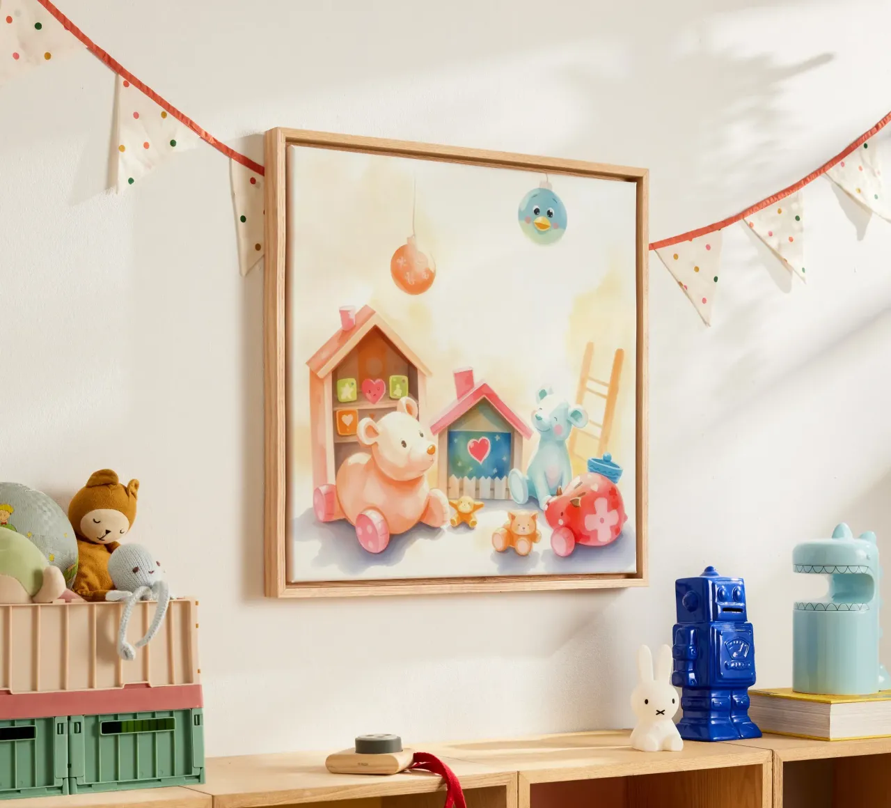 Case giocattolo colorate con simpatici animali di peluche in un gioco luminoso tela con Cornice a cassetta da DesignDoodle
