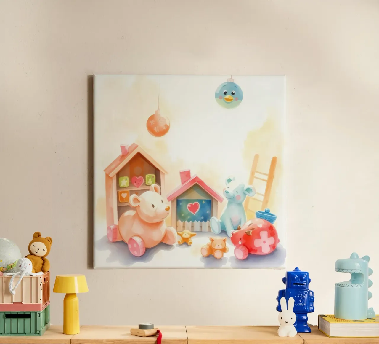 Case giocattolo colorate con simpatici animali di peluche in un gioco luminoso tela con Cornice a cassetta da DesignDoodle
