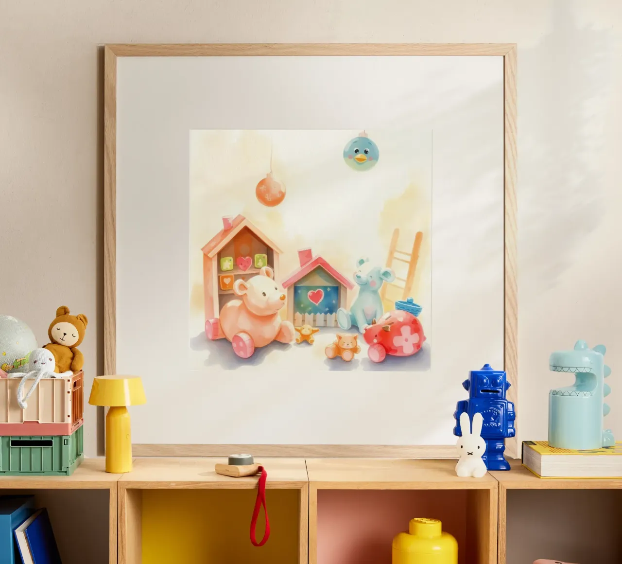 Case giocattolo colorate con simpatici animali di peluche in un gioco luminoso carta hahnemühle da DesignDoodle