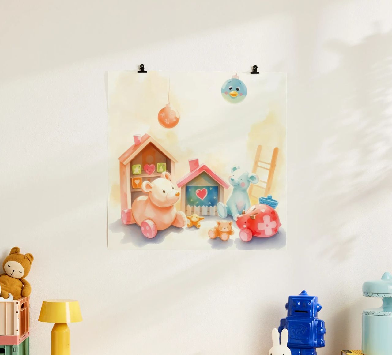 Colorful toy houses with cute plush animals in a bright play poster by DesignDoodle