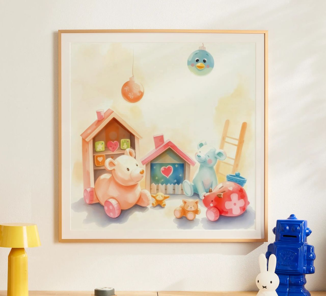 Colorful toy houses with cute plush animals in a bright play poster by DesignDoodle