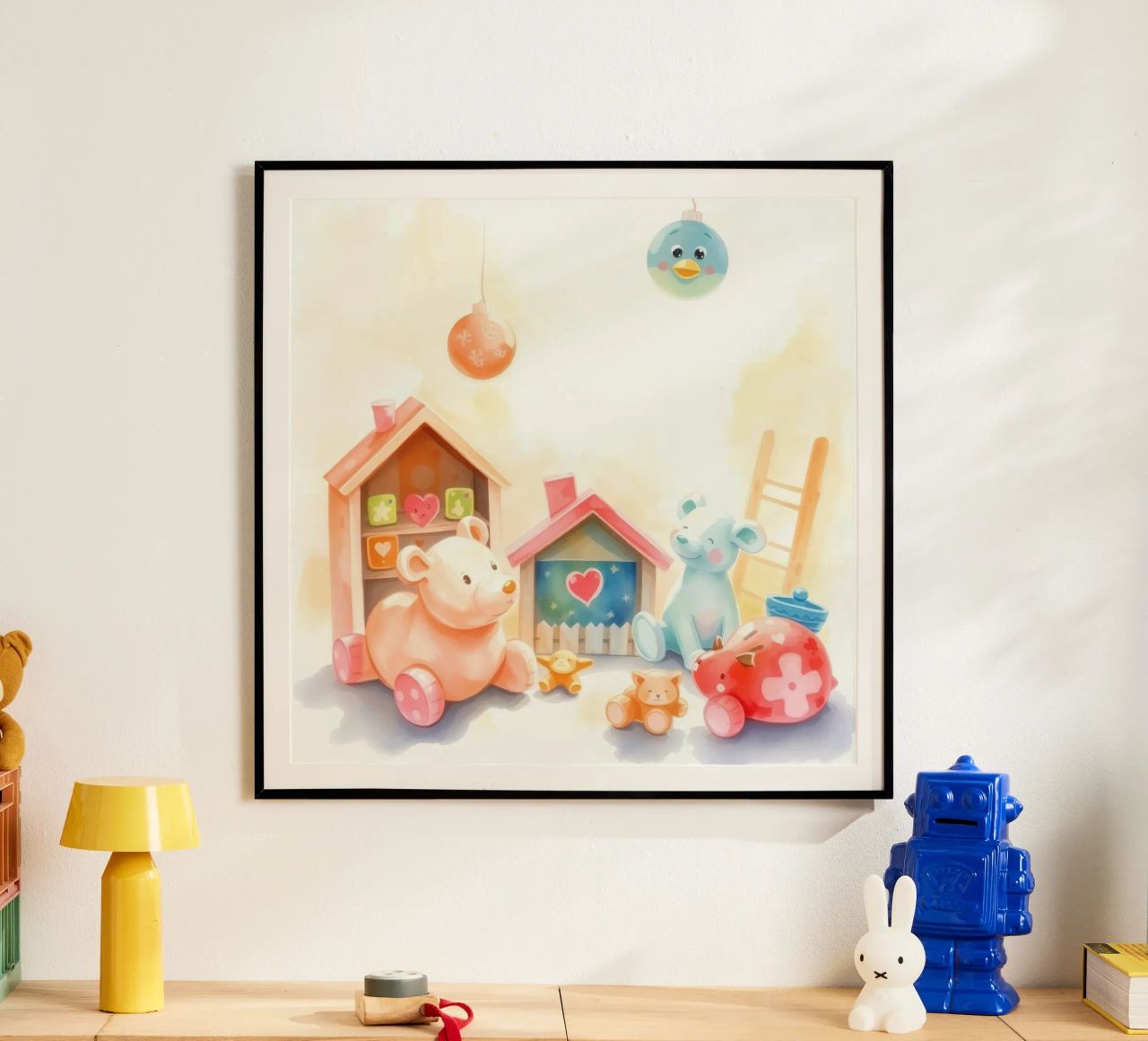 Colorful toy houses with cute plush animals in a bright play poster by DesignDoodle