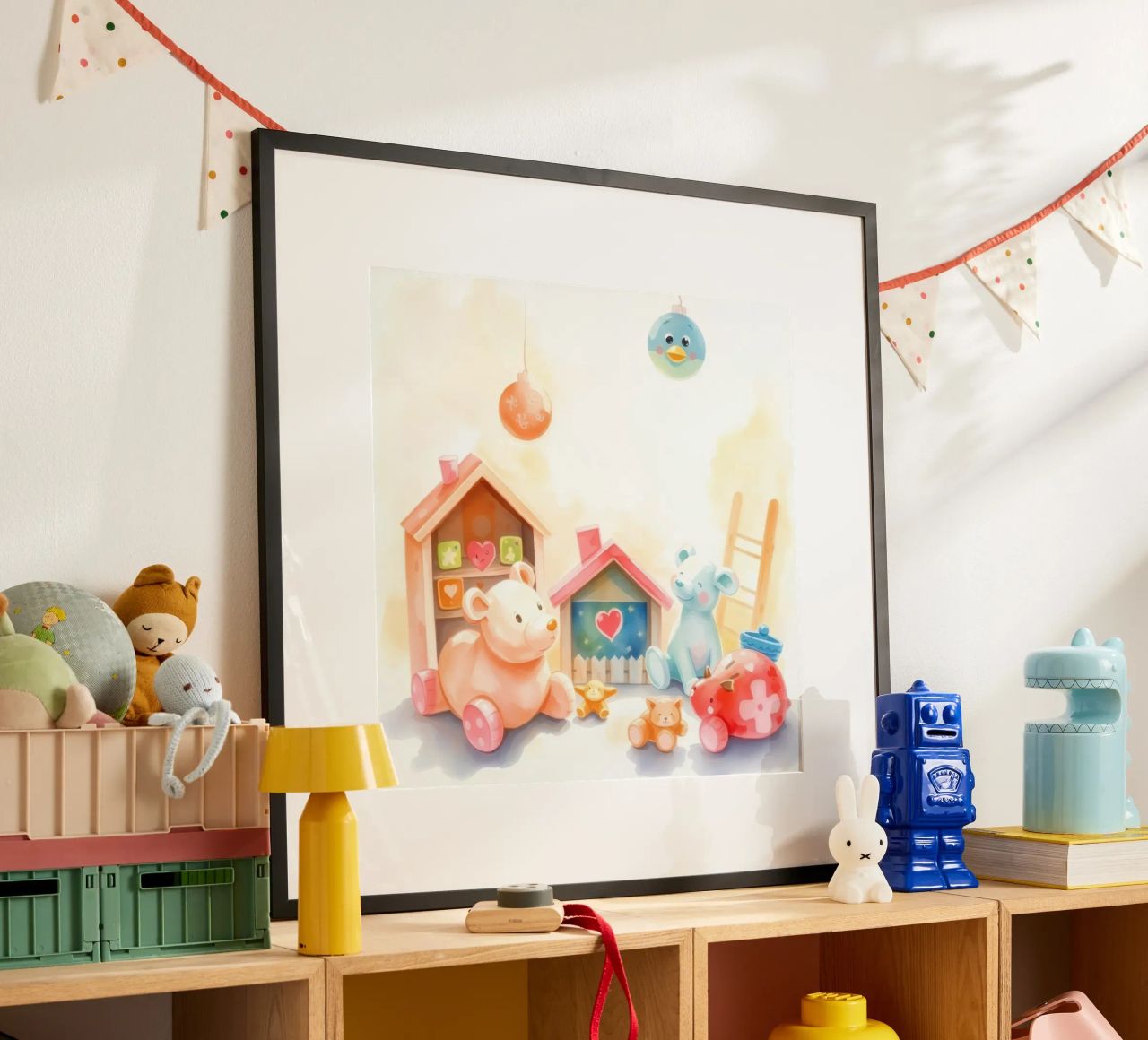 Colorful toy houses with cute plush animals in a bright play poster by DesignDoodle