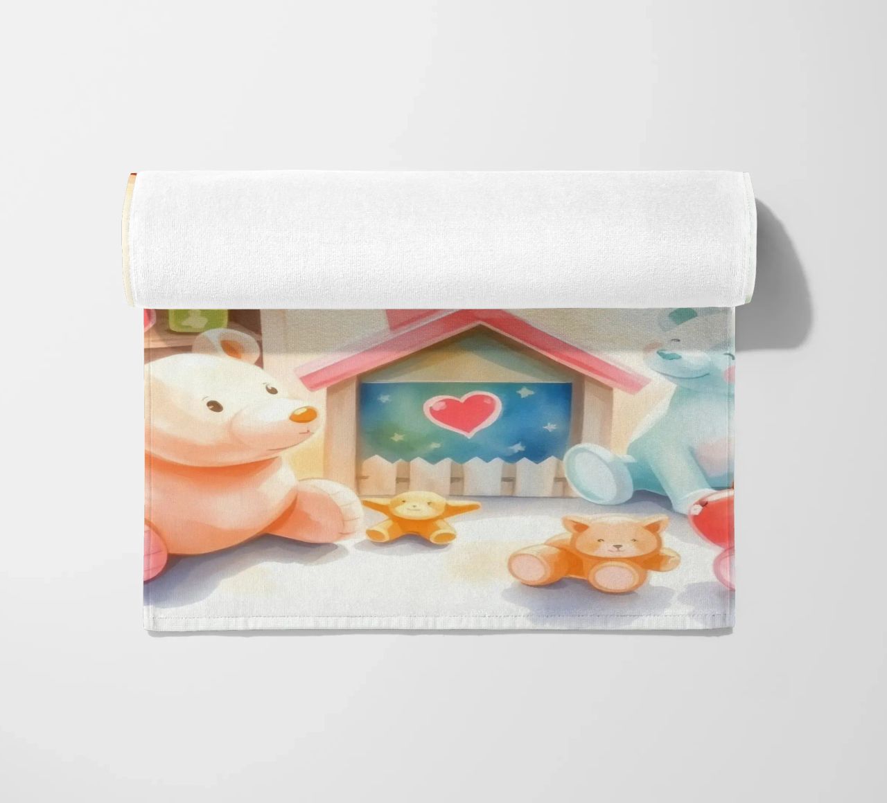 Des maisons colorées avec d'adorables animaux en peluche dans un jeu lumineux. serviette de plage de DesignDoodle