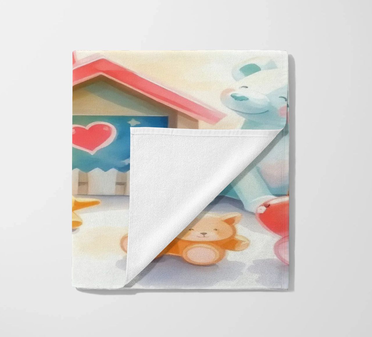 Des maisons colorées avec d'adorables animaux en peluche dans un jeu lumineux. serviette de plage de DesignDoodle