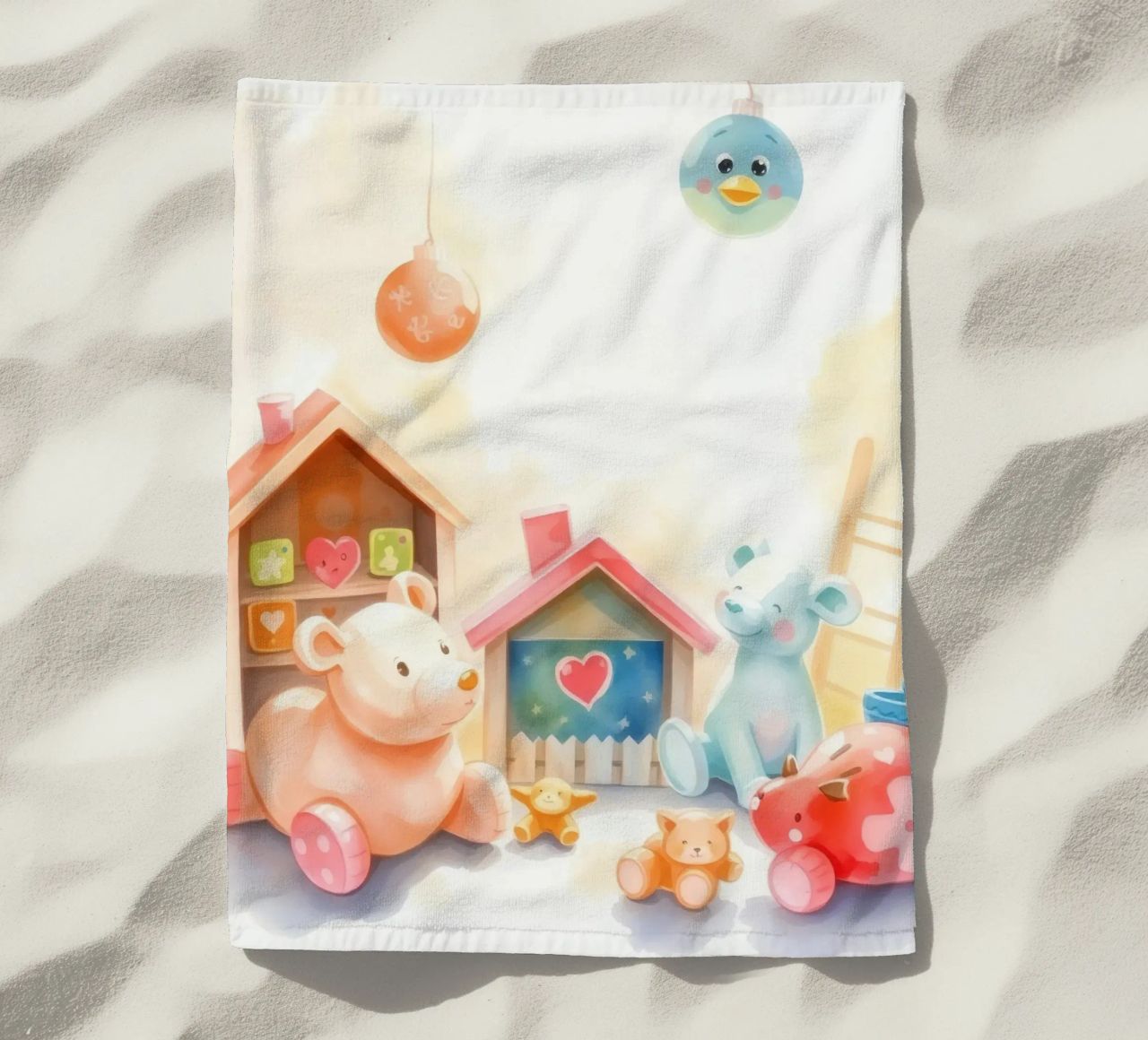 Des maisons colorées avec d'adorables animaux en peluche dans un jeu lumineux. serviette de plage de DesignDoodle