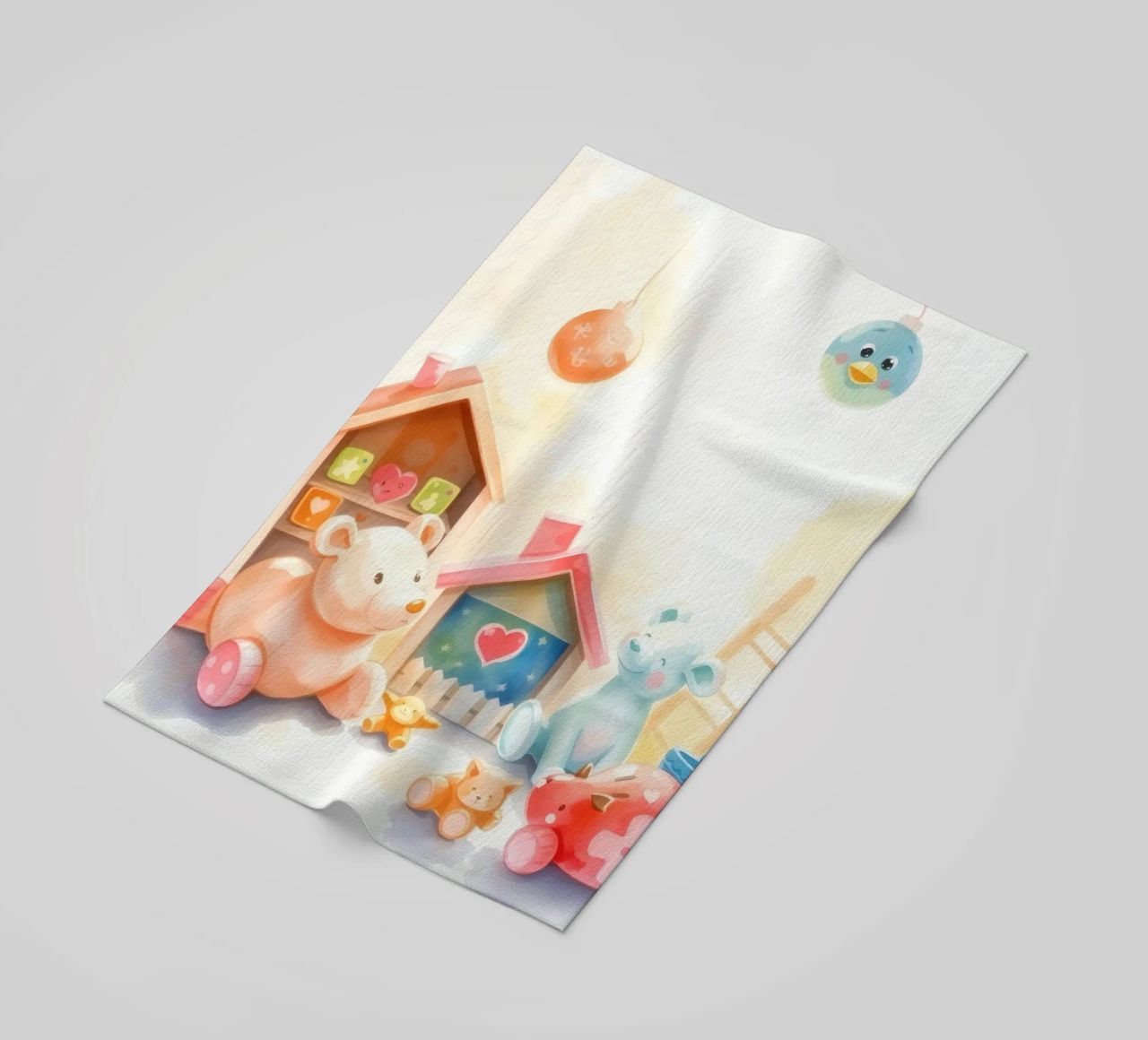 Des maisons colorées avec d'adorables animaux en peluche dans un jeu lumineux. serviette de plage de DesignDoodle