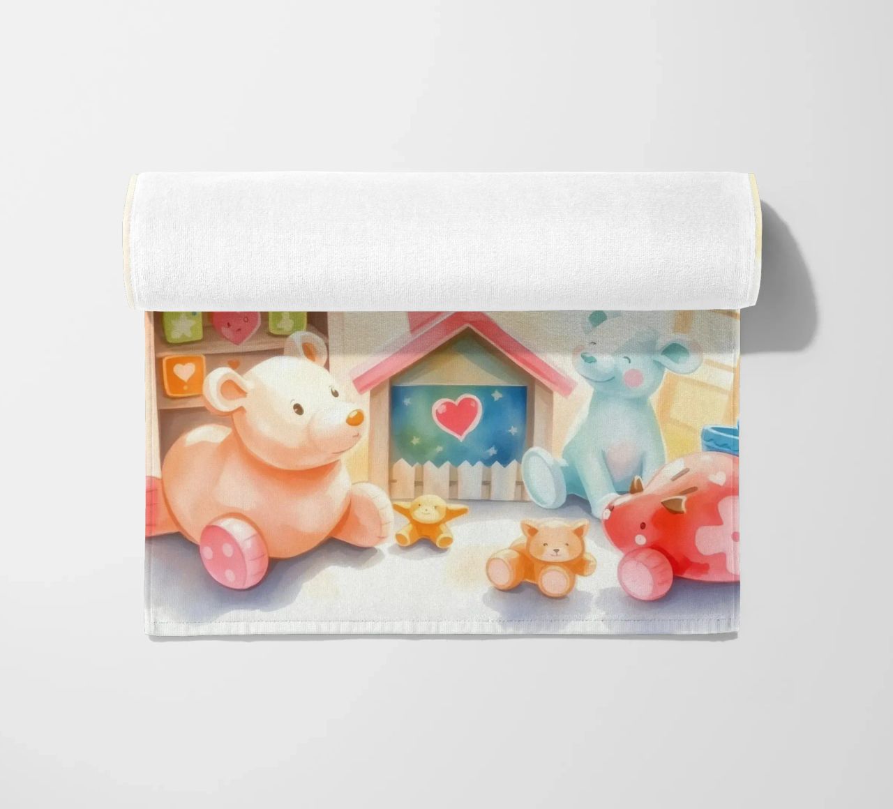 Des maisons colorées avec d'adorables animaux en peluche dans un jeu lumineux. serviette de plage de DesignDoodle