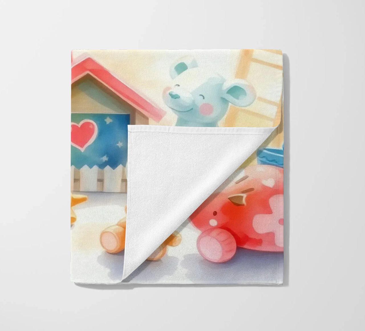 Des maisons colorées avec d'adorables animaux en peluche dans un jeu lumineux. serviette de plage de DesignDoodle