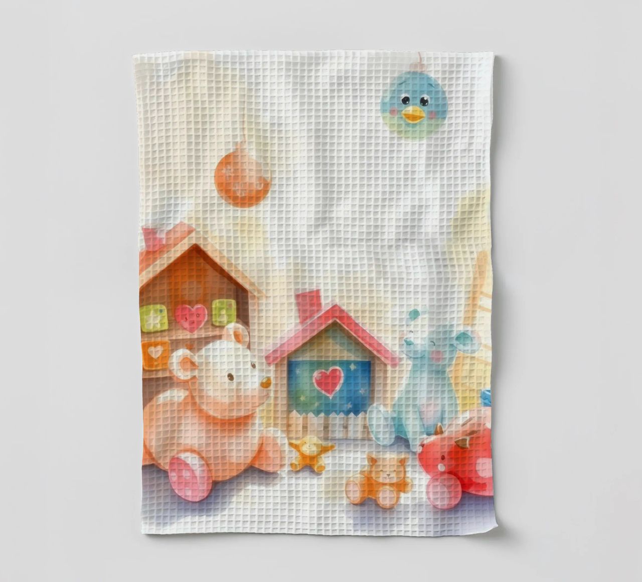 Des maisons colorées avec d'adorables animaux en peluche dans un jeu lumineux. torchon de DesignDoodle