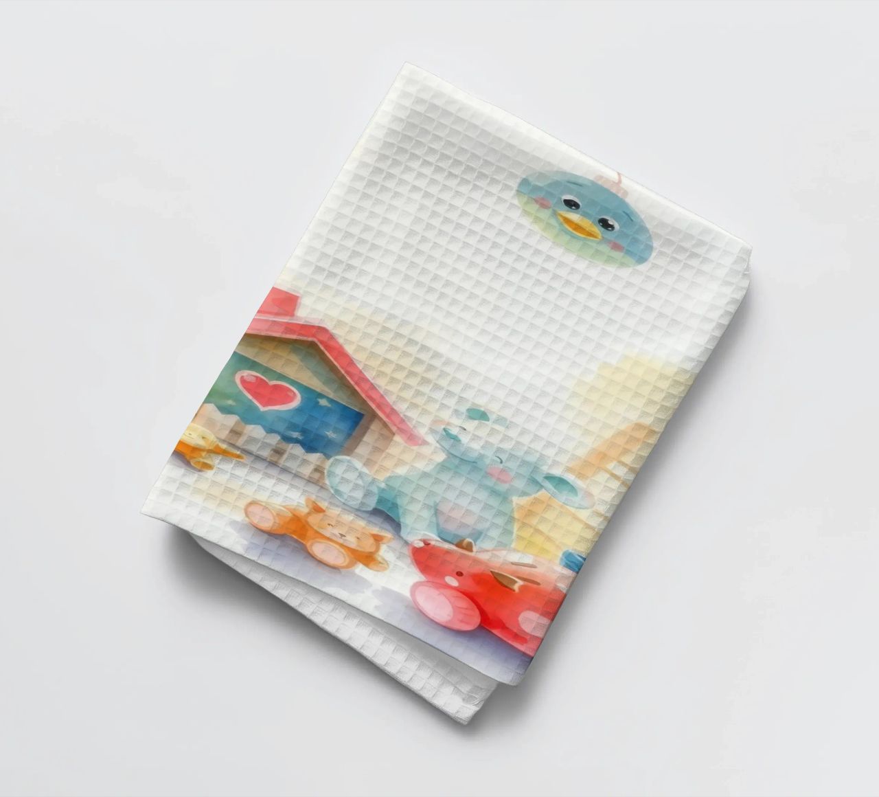 Des maisons colorées avec d'adorables animaux en peluche dans un jeu lumineux. torchon de DesignDoodle