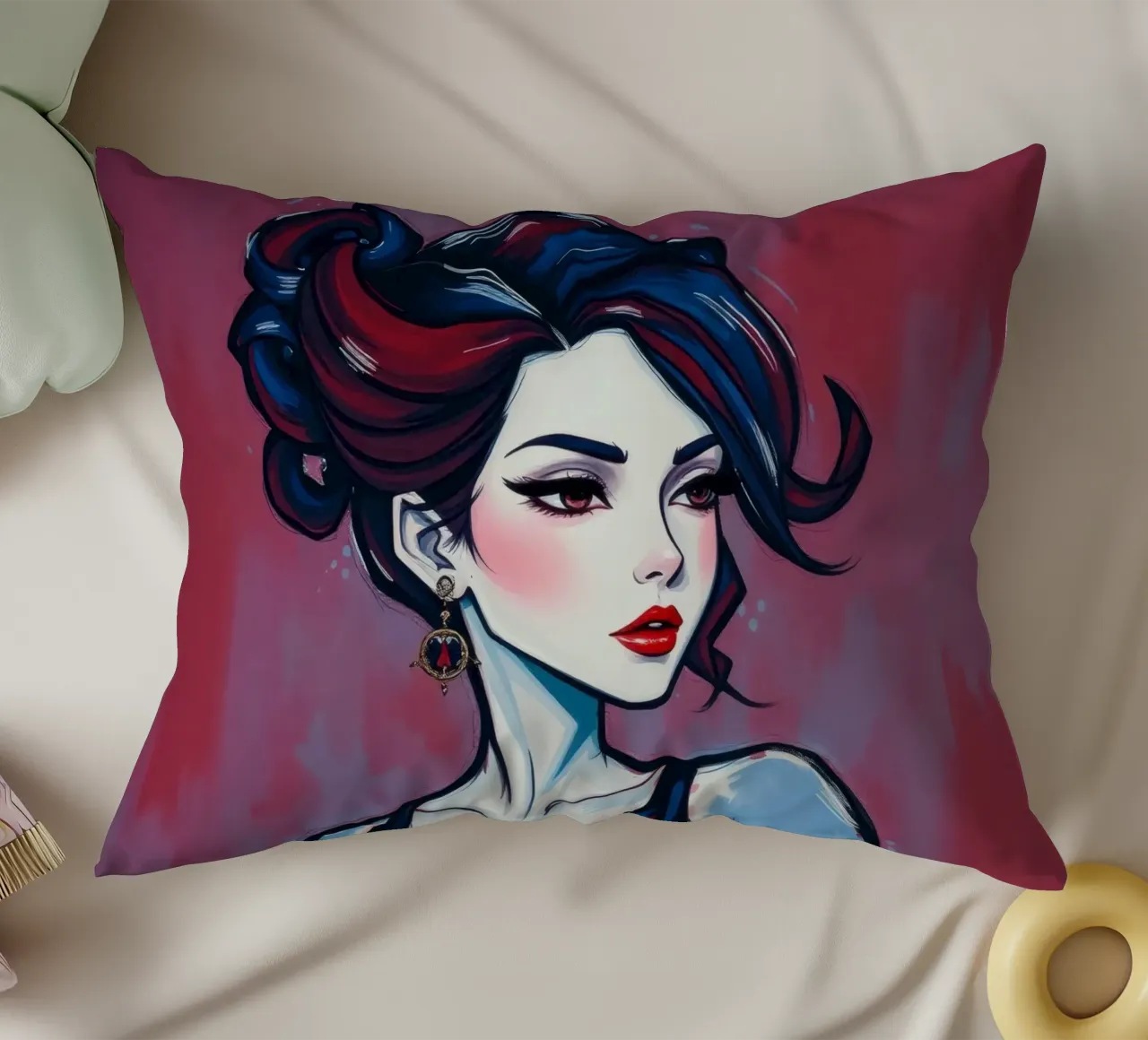 Donna elegante dai tratti marcati e dall'acconciatura audace in posa cuscino da DesignDoodle