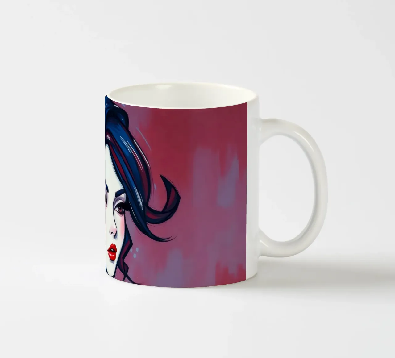 Donna elegante dai tratti marcati e dall'acconciatura audace in posa tazza in ceramica da DesignDoodle
