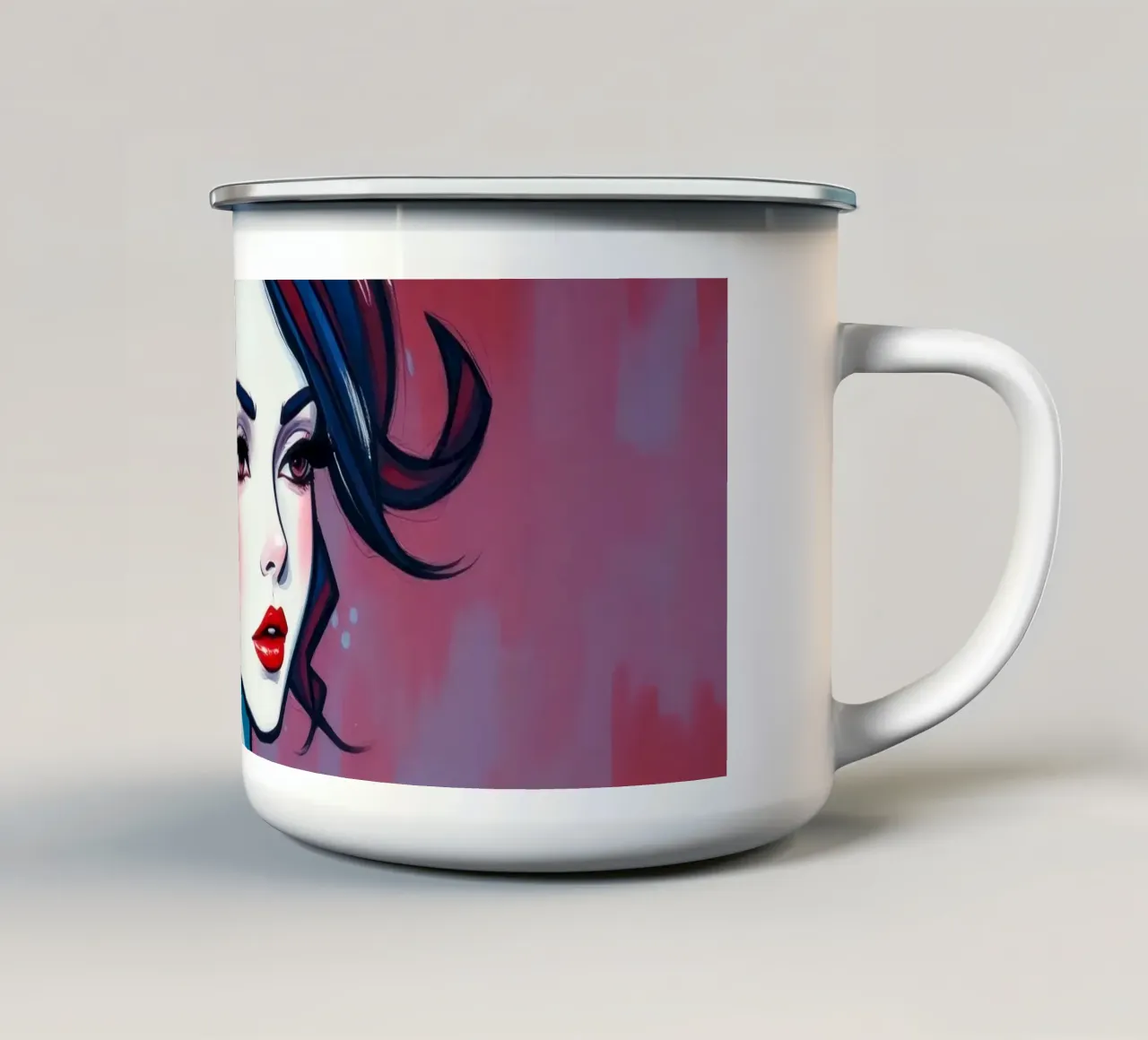 Donna elegante dai tratti marcati e dall'acconciatura audace in posa tazza in smalto da DesignDoodle